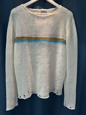 Saint Laurent Cream Open-Knit Sweater with Blue and Gold Stripe
